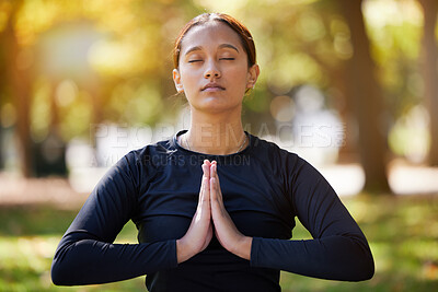 Buy stock photo Relax woman, namaste and meditation at park, wellness or freedom of chakra energy, zen fitness or peace. Young girl, yoga exercise and praying with eyes closed, nature and mental health, hope or calm