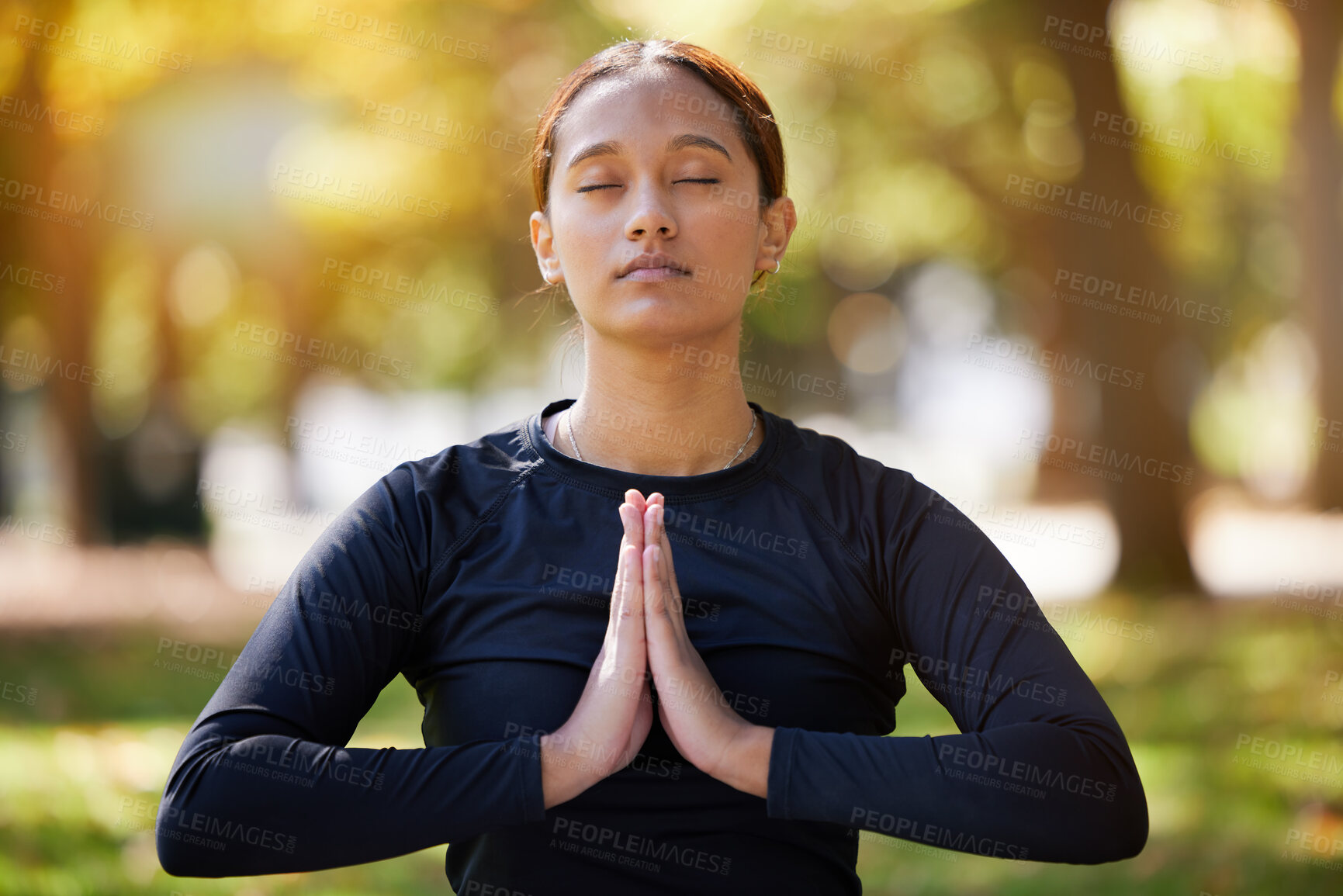 Buy stock photo Relax woman, namaste and meditation at park, wellness or freedom of chakra energy, zen fitness or peace. Young girl, yoga exercise and praying with eyes closed, nature and mental health, hope or calm