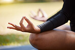 Woman, mudra hands and park meditation, wellness and freedom in chakra energy, zen fitness and peace. Closeup girl, yoga exercise and lotus praying in nature for mental health, hope and relax mindset