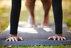 Hands, fitness push up and woman at park alone for health, wellness and strength. Sports, nature and female athlete training, exercise and workout outdoors for strong muscles, energy and healthy body