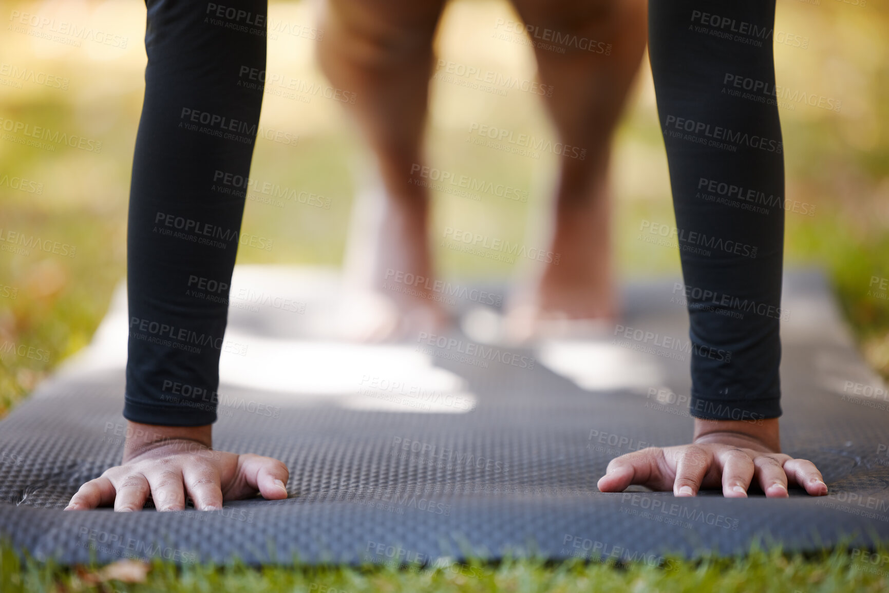 Buy stock photo Hands, fitness push up and woman at park alone for health, wellness and strength. Sports, nature and female athlete training, exercise and workout outdoors for strong muscles, energy and healthy body