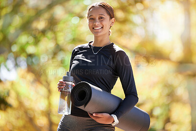 Buy stock photo Portrait, exercise and woman with water bottle, fitness and workout for wellness, health and in park. Latino female girl and athlete with yoga mat, hydration and training for cardio, energy or sports