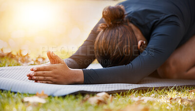 Buy stock photo Yoga, prayer hands and woman stretching at park for health, wellness and flexibility. Zen chakra, pilates pose and female training, meditation and exercise, mindfulness and workout outdoors in nature