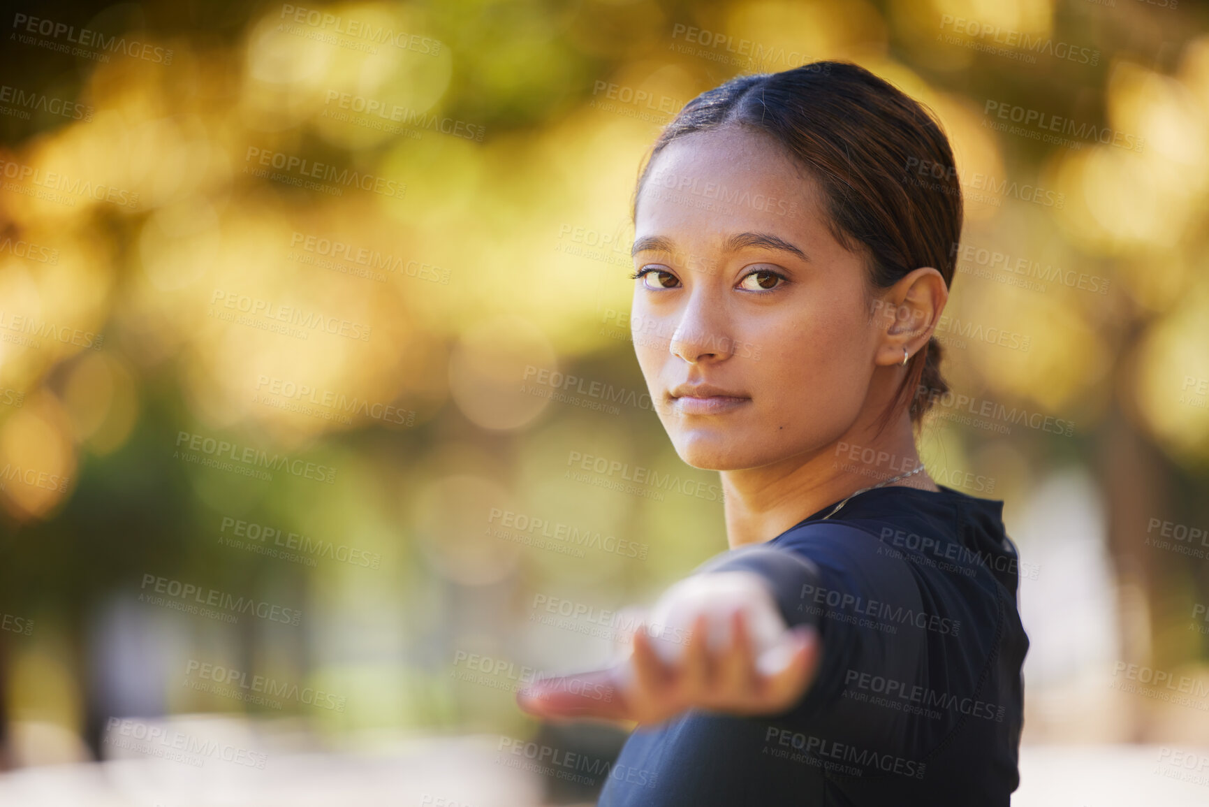 Buy stock photo Yoga, fitness and woman portrait in nature for peace, workout freedom and exercise in New Zealand. Pilates, stretching and girl in a park for morning health, energy and balance with warrior pose