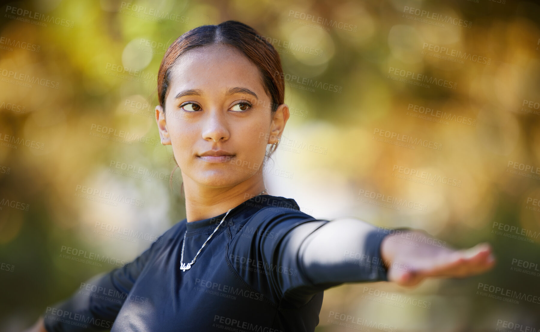 Buy stock photo Balance, fitness yoga and woman in nature for exercise, body freedom and zen with a workout in Australia. Warrior pose, focus and outdoor pilates for a girl training in a park for health and wellness