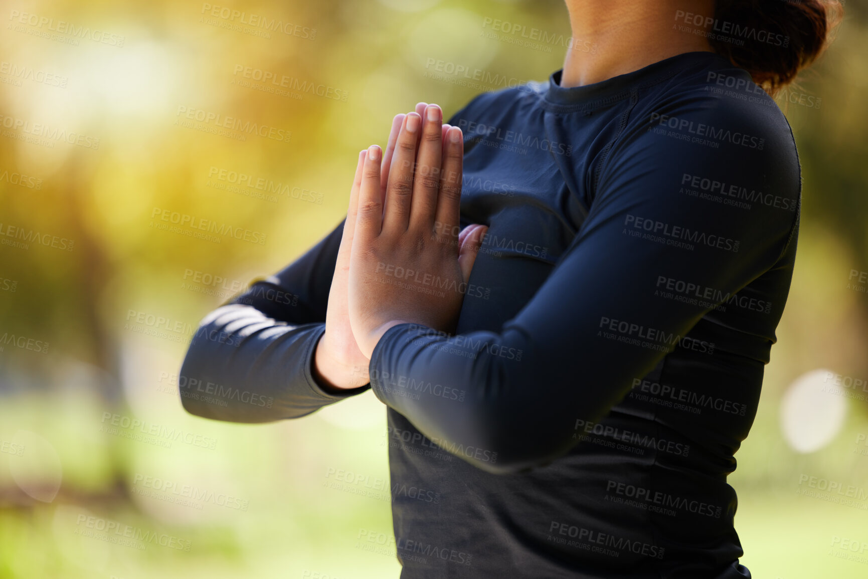 Buy stock photo Woman, hands and namaste meditation at park, wellness and freedom of chakra energy, zen fitness or peace. Closeup girl, yoga exercise and praying in nature for mental health, hope and balance mindset