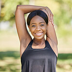Black woman, fitness or stretching arms in nature park for healthcare wellness, relax exercise or workout sports training. Portrait, smile or happy athlete in warm up for muscle pain relief in garden