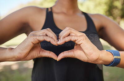 Buy stock photo Hands, fitness or black woman in nature with heart sign in training, exercise or park workout in summer. Love, zoom or healthy African sports girl with hope, goals or loving hand gesture in Nigeria