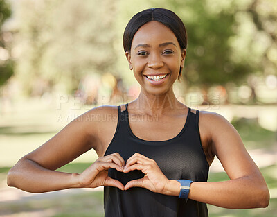 Buy stock photo Nature, fitness or black woman portrait with heart hand sign loves training, exercise, outdoor park workout in summer. Wellness, face or healthy girl with a calm, peaceful or happy smile in Nigeria