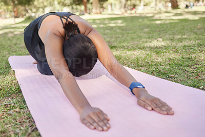 Buy stock photo Black woman, stretching or nature park yoga on mat in for zen healthcare wellness, relax exercise or workout peace training. Childs pose, fitness yogi or person on garden grass in back muscle pilates