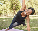 Black woman, yoga or stretching on mat in nature park for zen healthcare wellness, relax exercise or workout training. Portrait, smile or happy fitness yogi on garden grass in mindset balance pilates