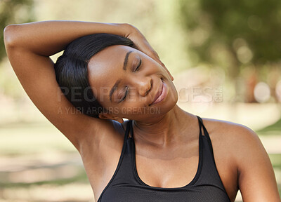 Buy stock photo Black woman, fitness or neck stretching in nature park for healthcare wellness, relax exercise or workout training. Sports athlete, person or runner in warm up for muscle pain relief in garden field