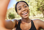 Fitness, selfie and black woman in park for workout, exercise and healthy lifestyle with music. Portrait, smile and female athlete taking photograph for social media, sports wellness and video call 