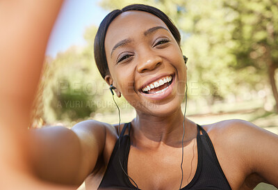 Buy stock photo Fitness, selfie and black woman in park for workout, exercise and healthy lifestyle with music. Portrait, smile and female athlete taking photograph for social media, sports wellness and video call 