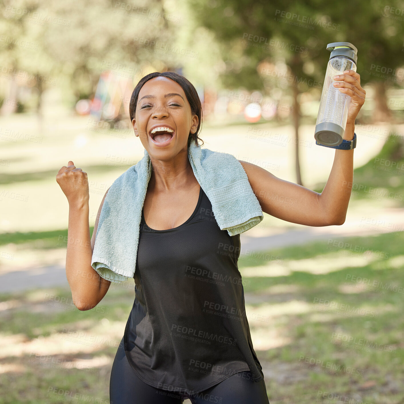 Buy stock photo Fitness, excited and portrait of a black woman in nature for celebration, wellness or exercise. Happy, smile and healthy African female athlete celebrating her workout, training or sport achievement.