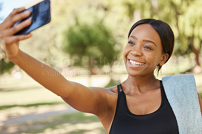 Buy stock photo Fitness, phone selfie and black woman in park for workout, exercise and healthy lifestyle. Happy female, sports influencer and athlete taking mobile photograph for social media, wellness and goals 