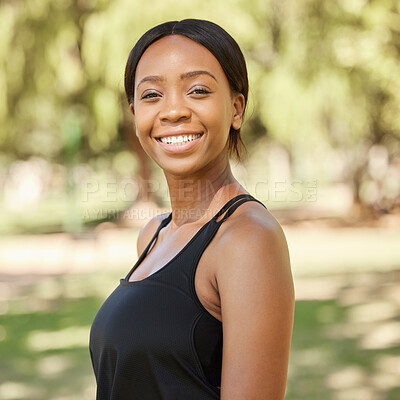 Buy stock photo Park, fitness or portrait of a black woman in exercise workout or training in nature with goals. Wellness, face or healthy gen z girl with a calm, peaceful or happy smile in Nigeria with freedom