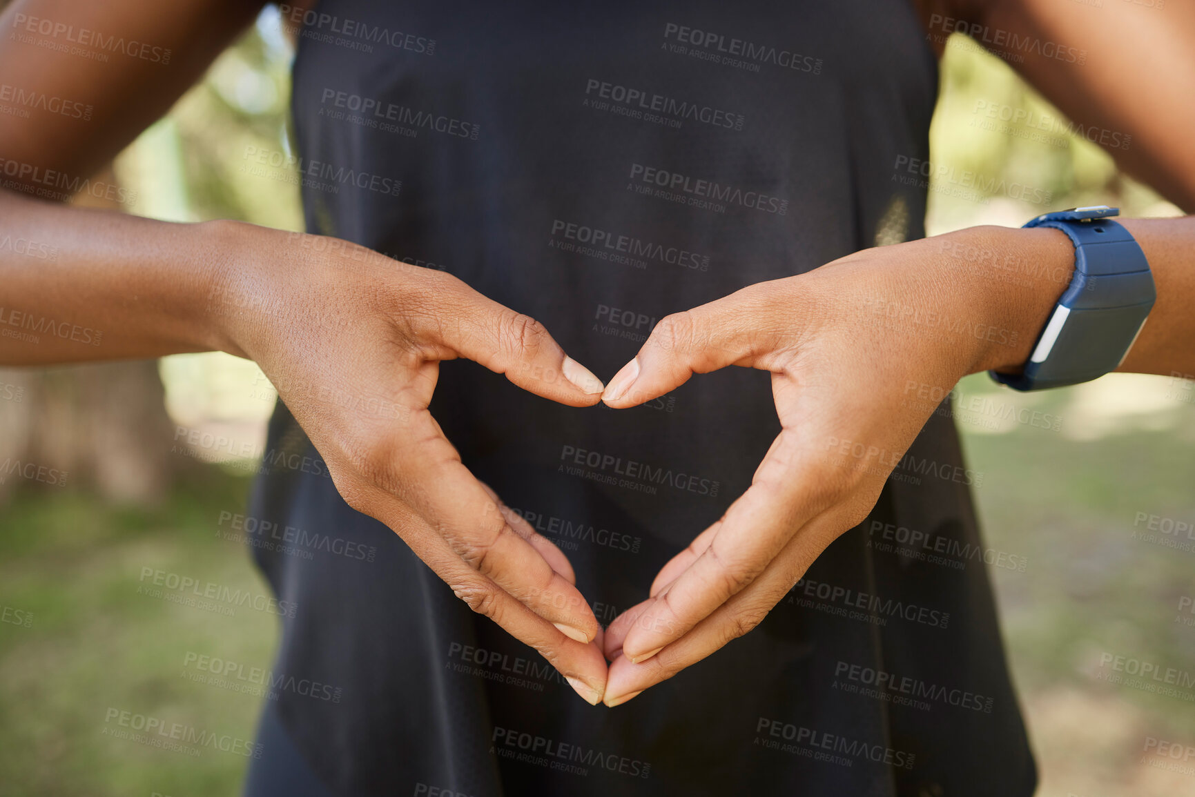 Buy stock photo Hands, heart sign and fitness with a yoga black woman outdoor for meditation, mental health or wellness. Nature, peace and park with a female athlete meditating outside for loving peace or balance