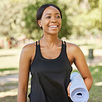 Yoga, exercise mat and mindfulness with a black woman in a park, outdoor for fitness, health or wellness. Mental health, pilates and workout with a female athlete training outside for balance