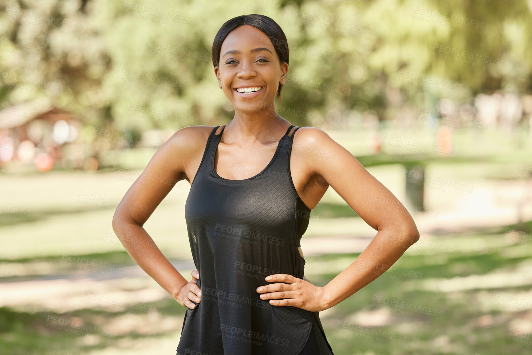 Buy stock photo Portrait, fitness or black woman in nature ready for training, exercise or park workout in summer. Wellness, face or healthy African girl with a calm, peaceful or happy smile in Nigeria with freedom