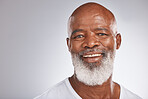 Senior black man, face and self care with skincare, dermatology and cosmetics for clean, glow and fresh skin. Headshot of African male with a beard on grey studio background for beauty spa treatment