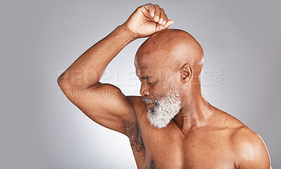 Buy stock photo Sweat, smell and hygiene with armpit of old man for deodorant, shower and beauty product. Luxury, self care and perfume with underarm of senior model for fragrance, cologne and antiperspirant  