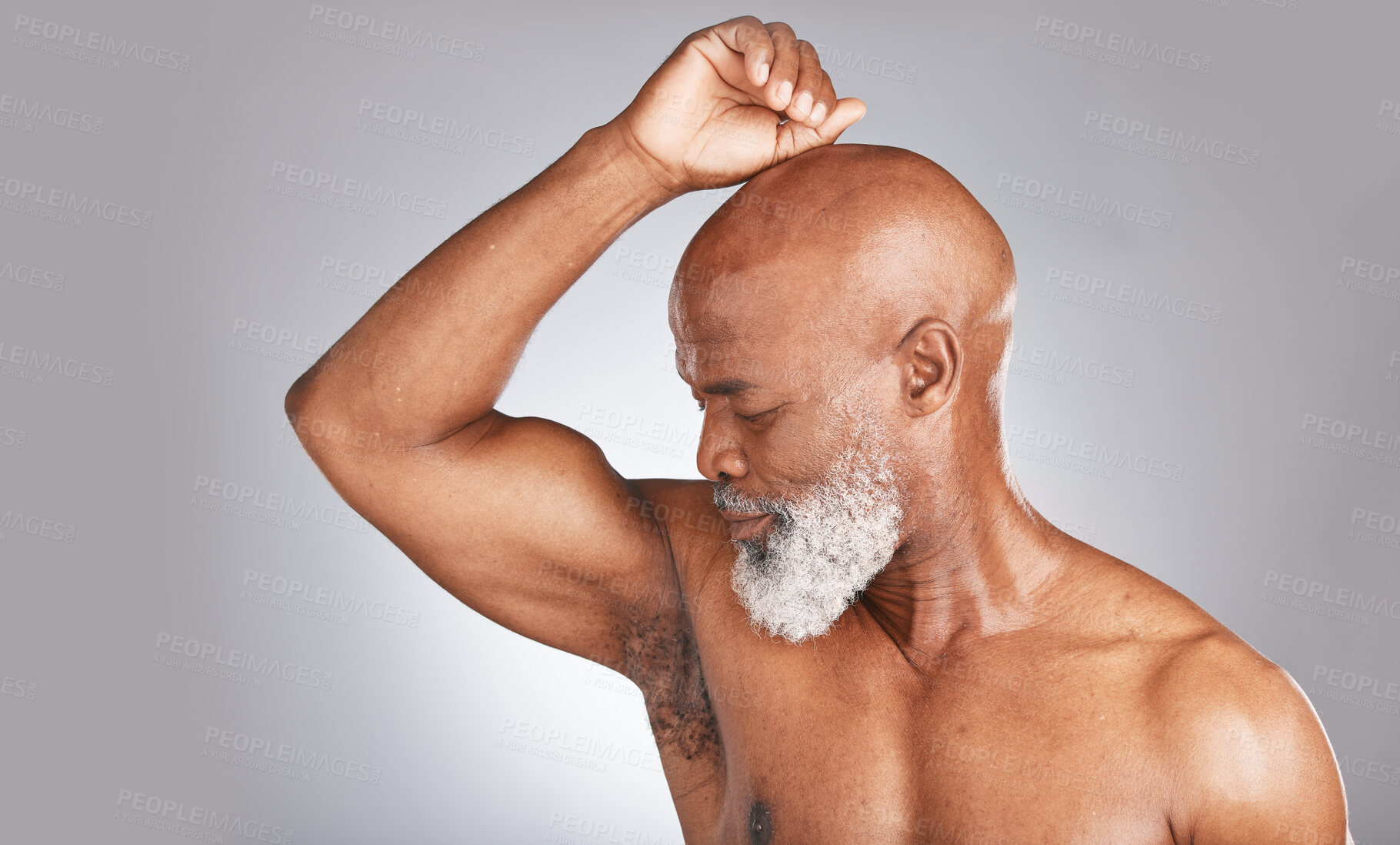 Buy stock photo Sweat, smell and hygiene with armpit of old man for deodorant, shower and beauty product. Luxury, self care and perfume with underarm of senior model for fragrance, cologne and antiperspirant  