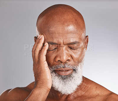 Buy stock photo Elderly black man, headache and pain with stress and mental health against studio background. Depression, skin and senior man face with healthcare problem, retirement and anxiety with migraine