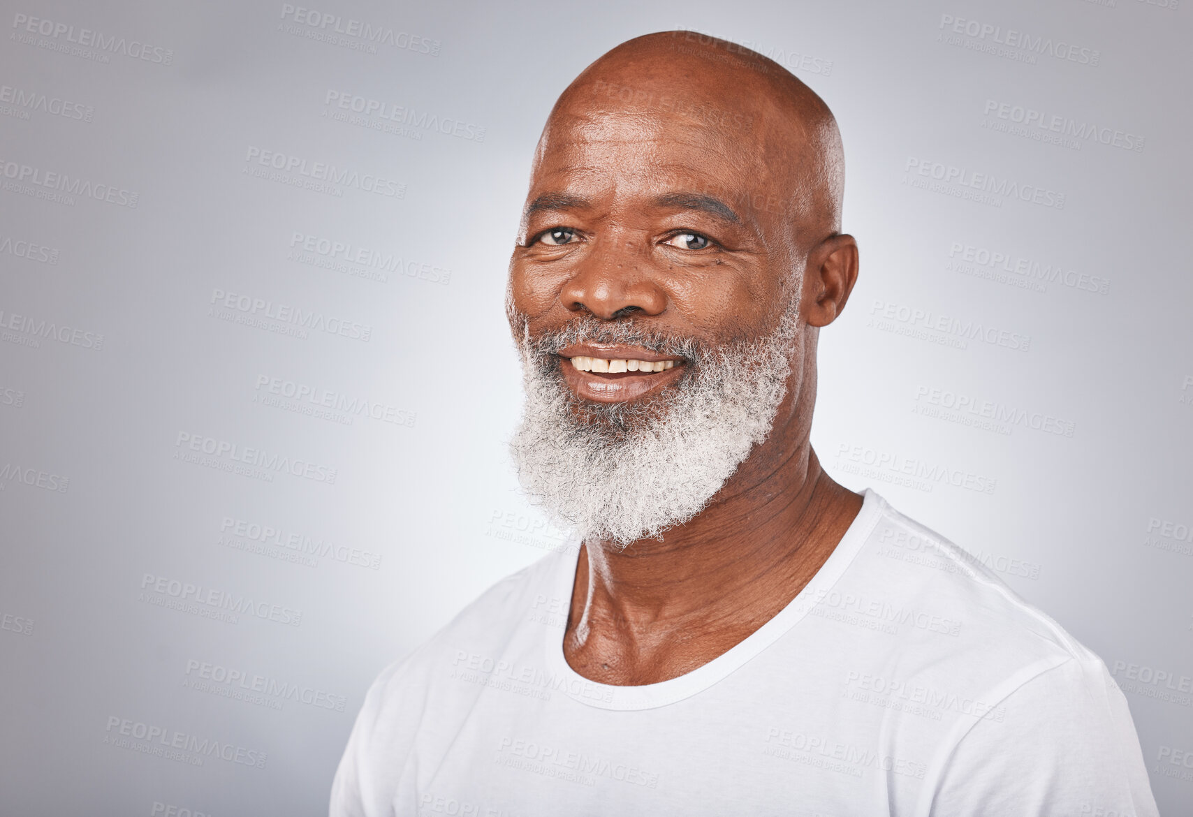 Buy stock photo Senior black man, face and self care with skincare, dermatology and cosmetics for clean, glow and fresh skin. Portrait of African male with a beard on grey studio background for beauty spa treatment