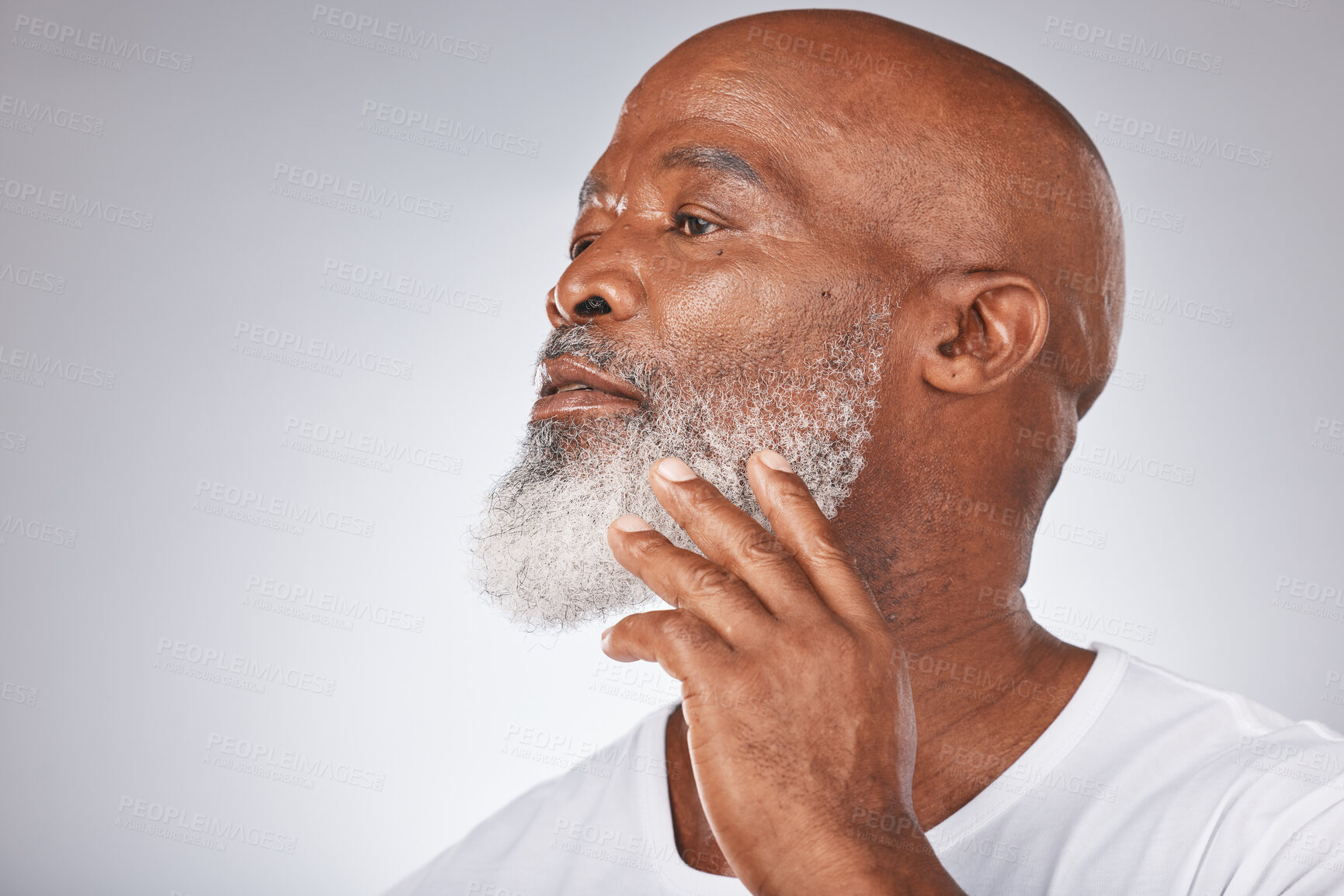 Buy stock photo Senior black man, face and self care with skincare, dermatology and cosmetics for clean and fresh skin. Headshot of African male on grey studio background for beauty and beard hygiene and grooming