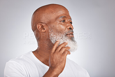 Buy stock photo Black man, face and senior skincare with facial hair or beard for grooming and shaving on grey background. Beauty headshot of African male in studio for dermatology, cosmetics and skincare mockup