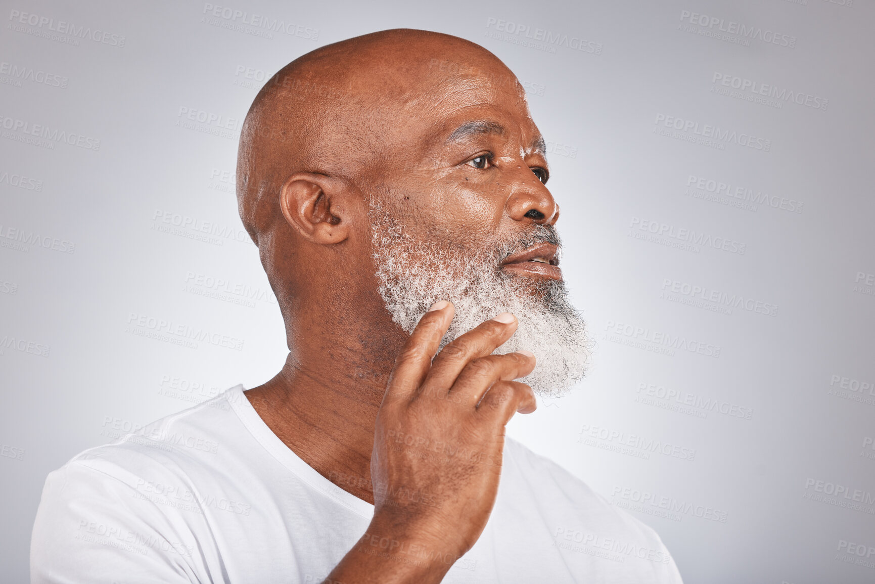 Buy stock photo Black man, face and senior skincare with facial hair or beard for grooming and shaving on grey background. Beauty headshot of African male in studio for dermatology, cosmetics and skincare mockup