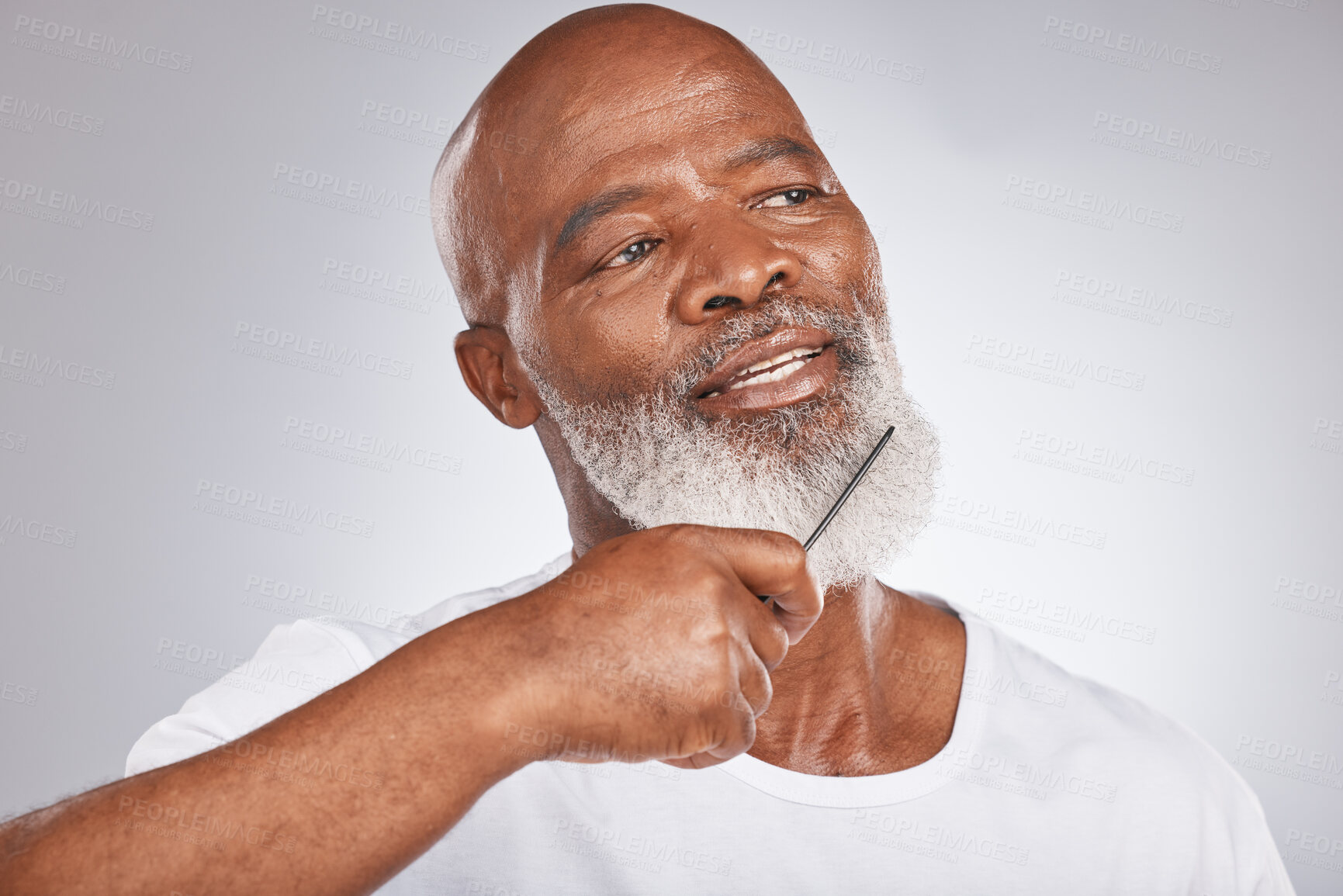 Buy stock photo Elderly, black man with comb for beard, beauty and grooming with hygiene and cosmetic care against studio background. Hair care mockup, brush body hair and face with hair treatment and cosmetics