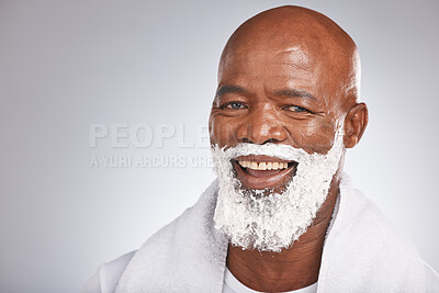 Buy stock photo Face, shaving cream and portrait black man with smile, beard and skincare spa treatment on grey background. Health, mock up and facial hair, happy mature man morning shave with product placement. 
