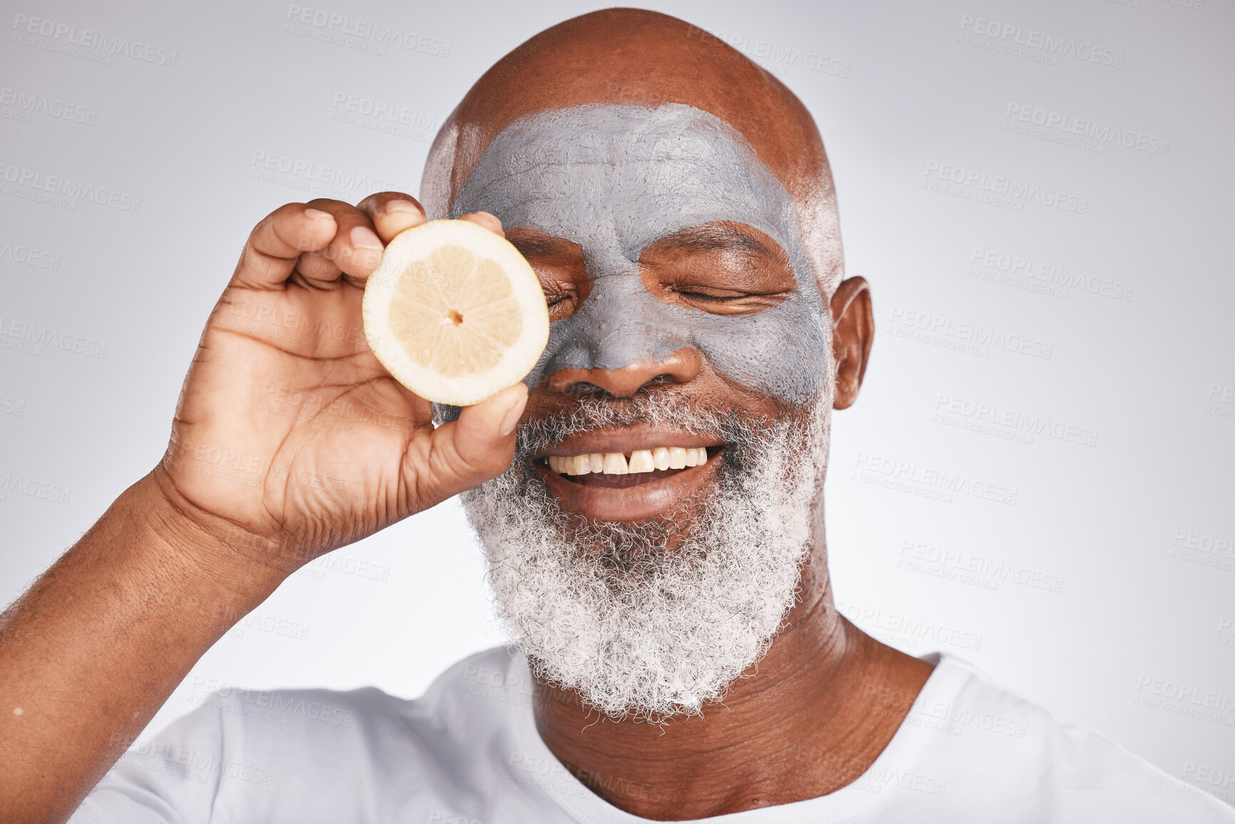 Buy stock photo Beauty, face mask or happy old man with lemon fruit marketing or advertising natural vegan diet for glowing skin. Cream, smile, senior black man with skincare or healthy facial grooming cosmetics