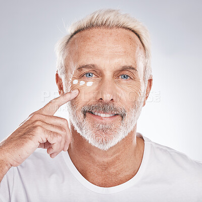 Buy stock photo Skincare, beauty and senior man with cream on white background for beauty, wellness and dermatology. Cosmetics, grooming and elderly male with anti aging beauty products, facial treatment and lotion