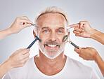 Senior man, skincare and studio portrait with shaving, self care and jade roller guasha by gray background. Model, skin product and cream for beauty, cosmetics and happiness for anti-aging grooming