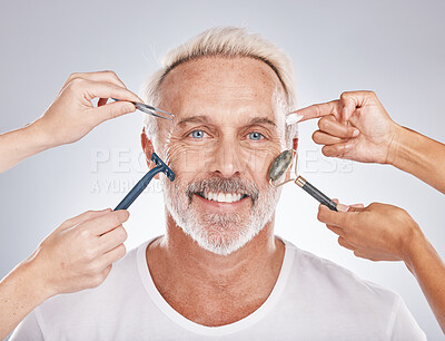 Buy stock photo Senior man, skincare and studio portrait with shaving, self care and jade roller guasha by gray background. Model, skin product and cream for beauty, cosmetics and happiness for anti-aging grooming