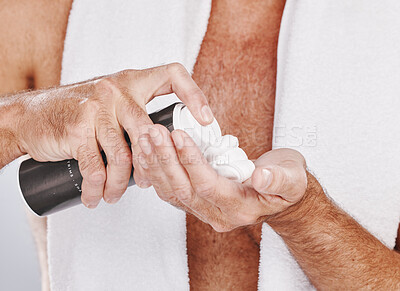 Buy stock photo Man hands, shaving cream and grooming in self care maintenance and beauty aesthetic on studio background. Zoom, model and hair removal foam in facial cleaning, growth management and hygiene skincare