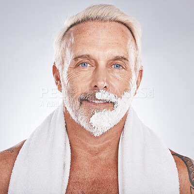 Buy stock photo Man, face and grooming shaving cream in self care maintenance or beauty aesthetic on gray studio background. Portrait, happy smile and mature model with hair removal foam in skincare facial cleaning