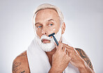 Mature man face, shaving cream or grooming in self care maintenance or beauty aesthetic on gray studio background. Zoom, hair removal foam or model in facial razor cleaning or growth hygiene skincare