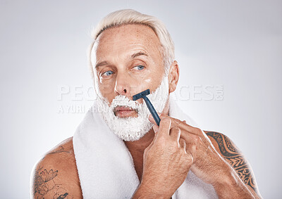 Buy stock photo Mature man face, shaving cream or grooming in self care maintenance or beauty aesthetic on gray studio background. Zoom, hair removal foam or model in facial razor cleaning or growth hygiene skincare