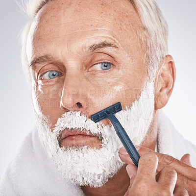 Buy stock photo Man face, shaving foam or grooming in self care maintenance or beauty aesthetic on studio background. Zoom, mature model or hair removal cream in facial cleaning, growth control or hygiene skincare