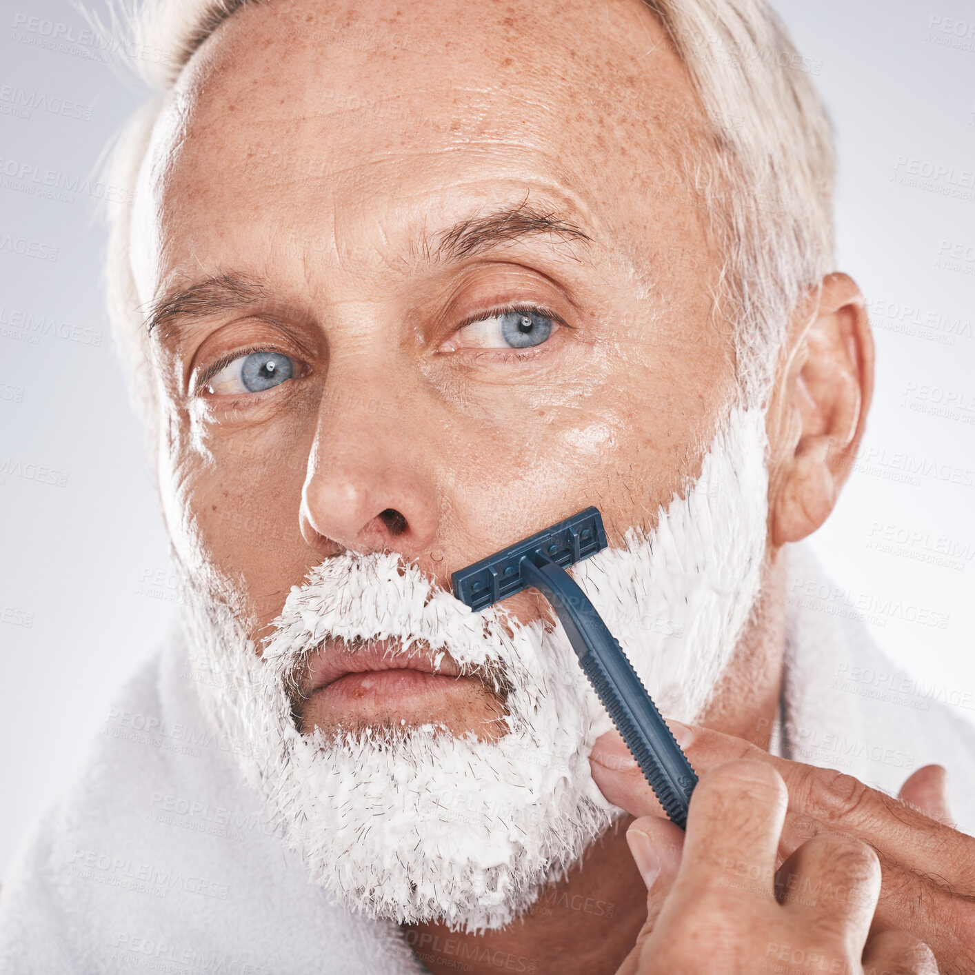Buy stock photo Man face, shaving foam or grooming in self care maintenance or beauty aesthetic on studio background. Zoom, mature model or hair removal cream in facial cleaning, growth control or hygiene skincare