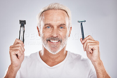 Buy stock photo Portrait, senior man and razor for cosmetics, beauty and skincare on grey studio background. Face, mature male and elderly guy with electric trimmer, smile and hair products for hairstyle and happy