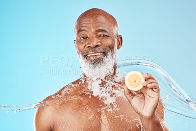 Buy stock photo Black man in studio shower with lemon for skincare health, vegan product or senior cosmetics advertising, marketing or promotion mockup. Beauty model, water splash and juice fruit for clean benefits