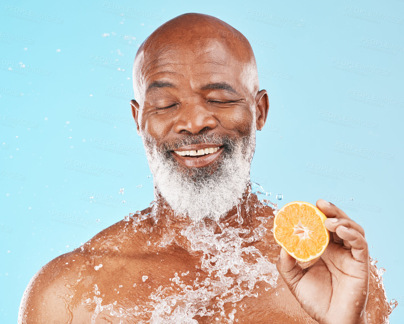 Buy stock photo Lemon, water splash and senior man for skincare health, vegan product or cosmetics advertising, marketing or promotion mockup. Beauty african model, shower product and vitamin c, fruit juice benefits