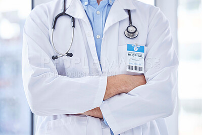 Buy stock photo Closeup, man and doctor with arms crossed, healthcare and leadership in hospital. Male, surgeon and medical professional with confidence, leader and ready for surgery procedure, medicine and wellness