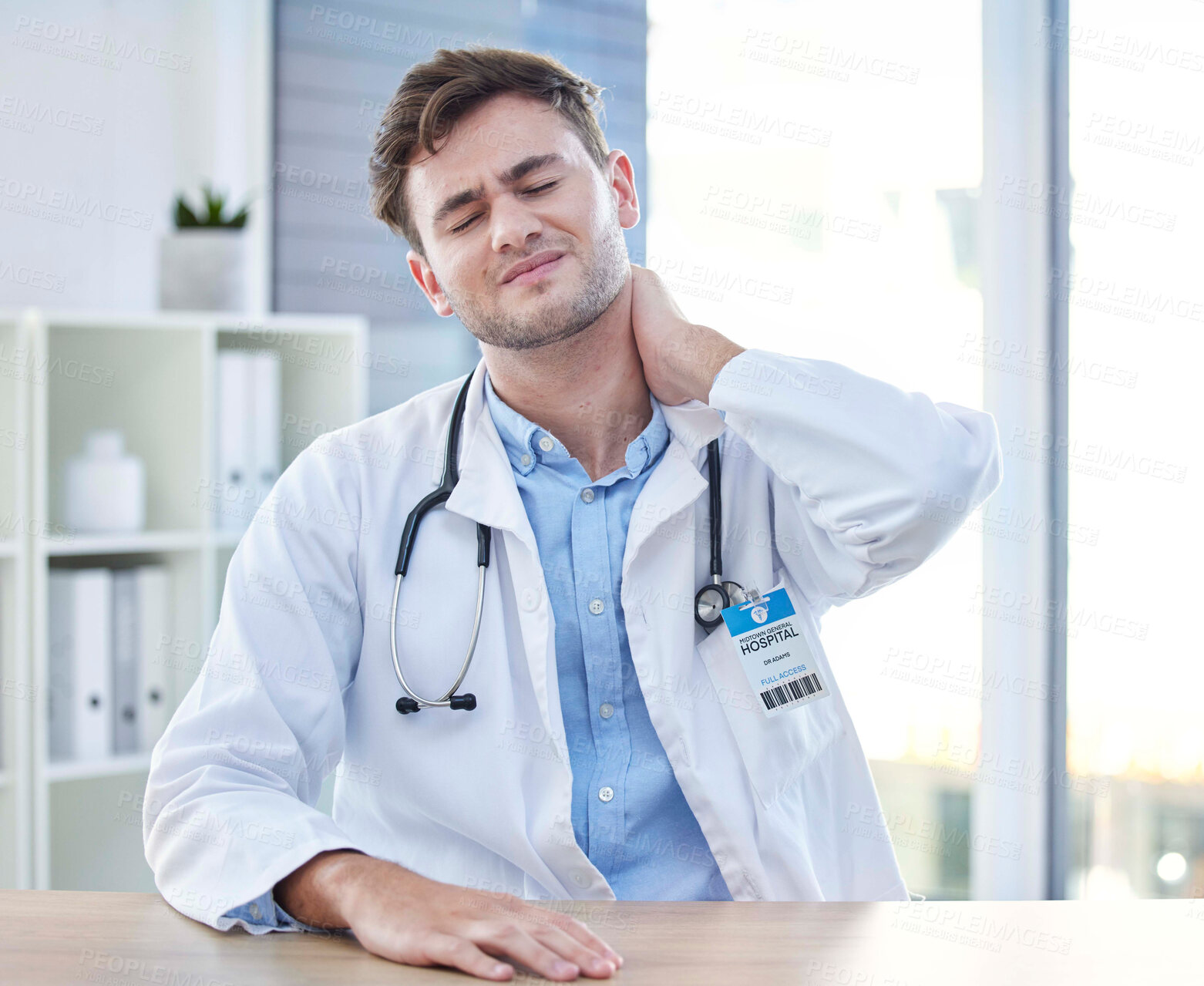 Buy stock photo Stress, neck pain and medical with doctor in office for consulting, mental health and physical therapy. Medicine, healthcare and injury with tired man in hospital with injury, exhausted and muscle