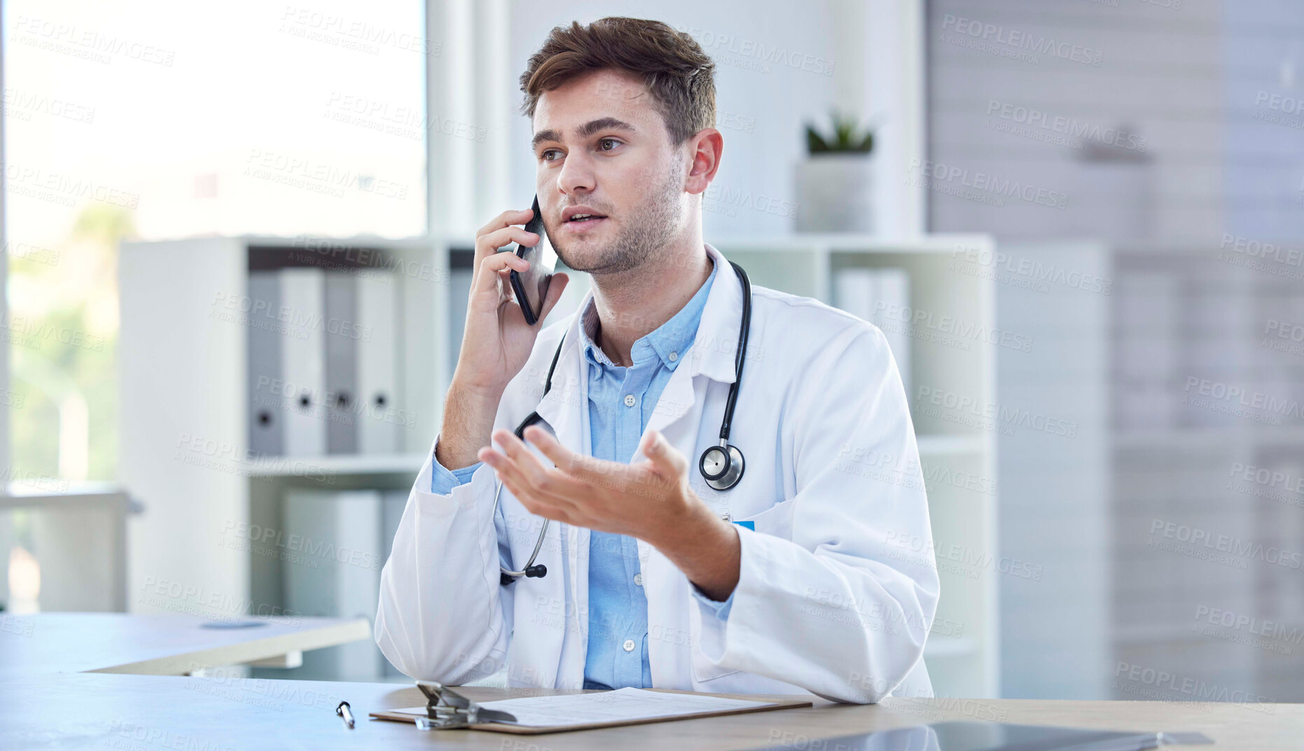 Buy stock photo Phone call, healthcare and doctor talking in hospital, chatting or speaking. Telehealth, cellphone and medical physician in consultation with contact, asking questions or helping on mobile smartphone